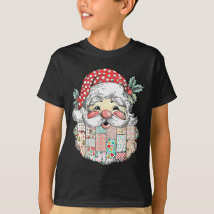 Patchwork Santa Claus Face Vintage Merry Christmas T-Shirt