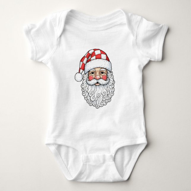 Patchwork Santa Face Doodle Art Pen and Ink Style Baby Bodysuit (Front)