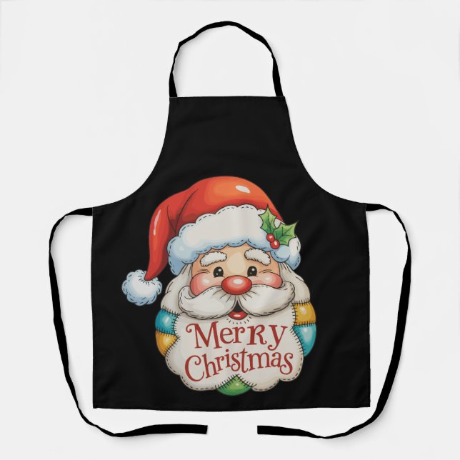 Patchwork Santa Merry Christmas Preppy Xmas Apron (Front)