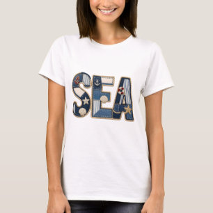 Patchwork Sea Quilted PNG Coastal Sewing Design T-Shirt