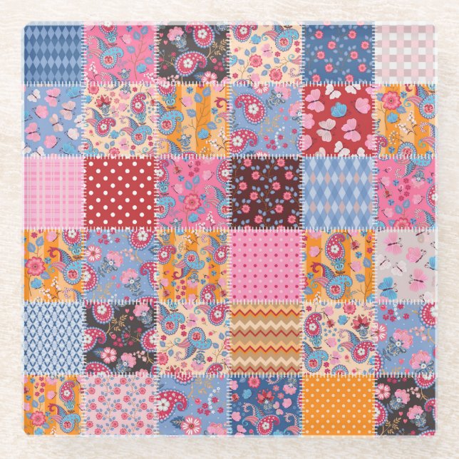 Patchwork seamless, cute fabric pattern. glass coaster (Front)