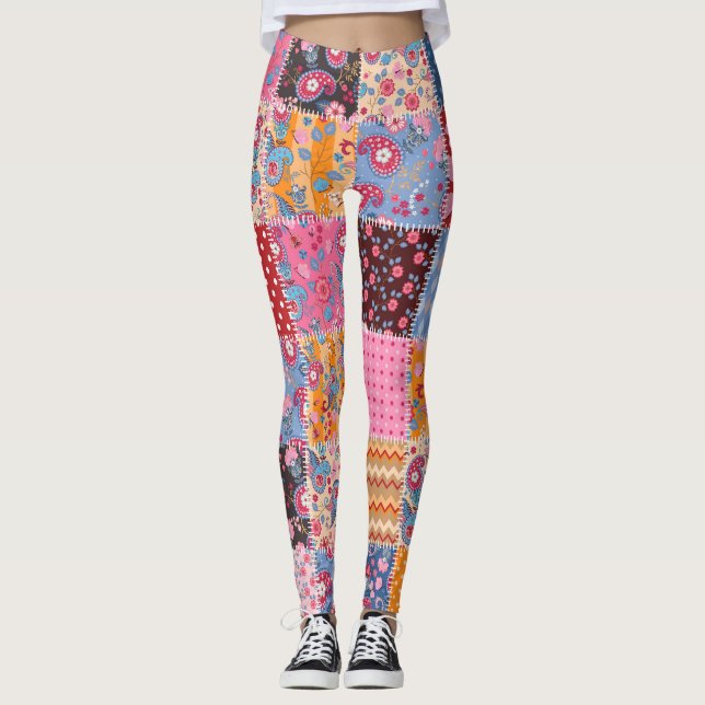 Patchwork seamless, cute fabric pattern. leggings (Front)