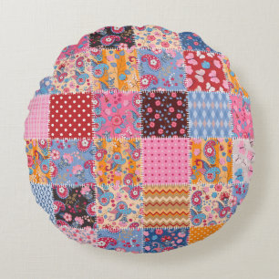 Patchwork seamless, cute fabric pattern. round cushion