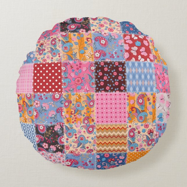 Patchwork seamless, cute fabric pattern. round cushion (Front)
