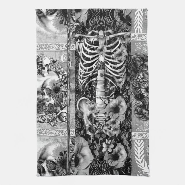 Patchwork, skull collage tea towel (Vertical)