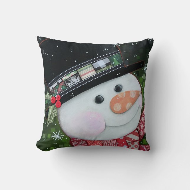 Patchwork Snowman 16"x16" Throw Pillow (Front)