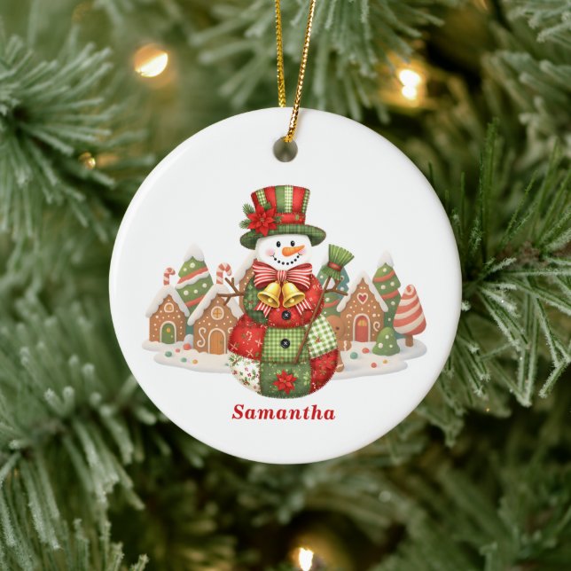 Patchwork Snowman Christmas Ceramic Tree Decoration (Tree)