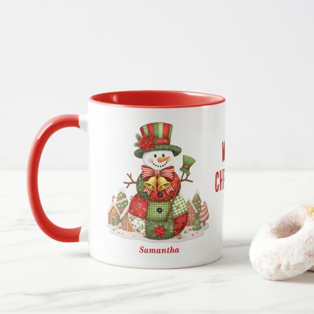 Patchwork Snowman Christmas Mug (With Donut)
