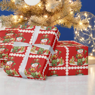 Patchwork Snowman Christmas Red Wrapping Paper