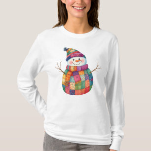 Patchwork Snowman Colourful Winter Christmas T-Shirt