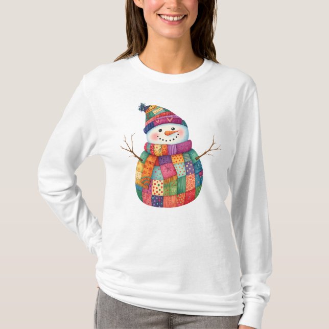 Patchwork Snowman Colourful Winter Christmas  T-Shirt (Front)