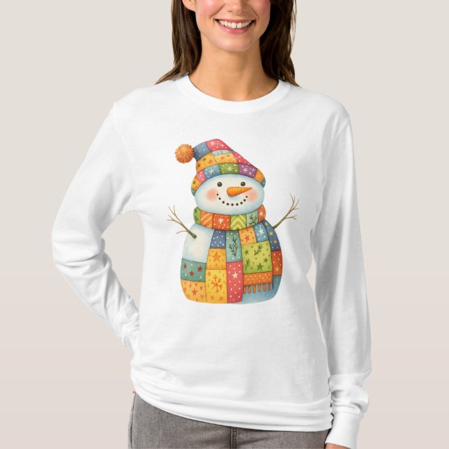 Patchwork Snowman Colourful Winter Christmas T-Shirt (Front)