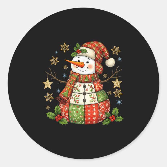 Patchwork Snowman Preppy Girly Christmas Xmas Holi Classic Round Sticker (Front)