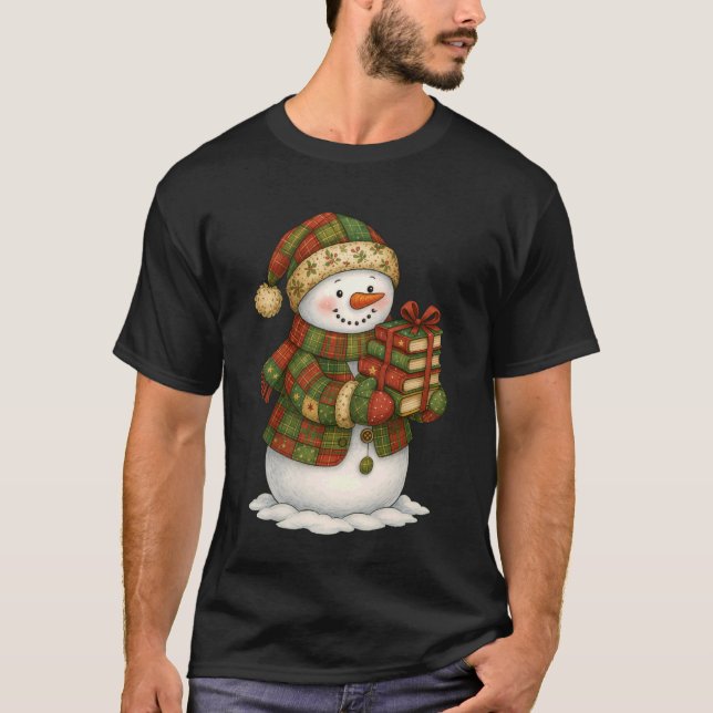 Patchwork Snowman Reading Book Christmas Bookworm  T-Shirt (Front)