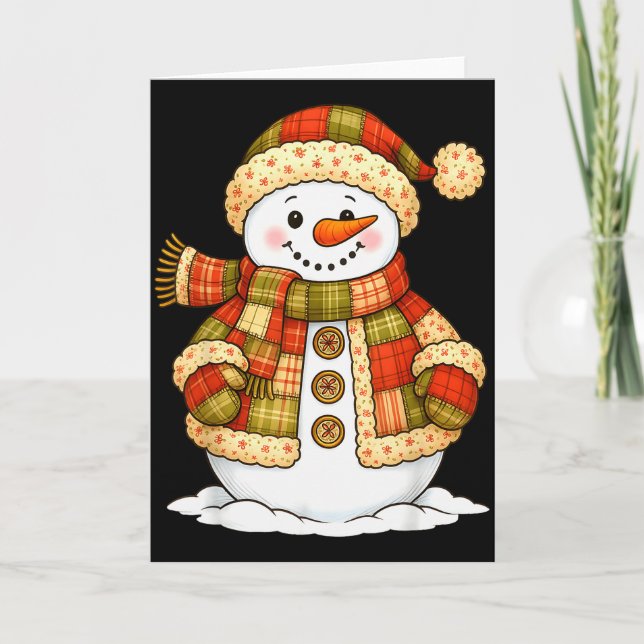 Patchwork Snowman Retro Funny Snowman Holiday Chri Card (Front)