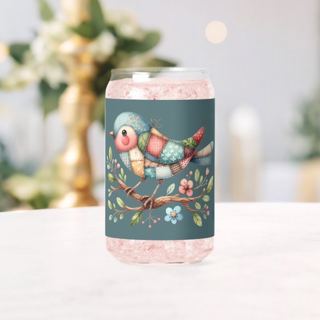 Patchwork Songbird on Blooming Branch Can Glass (Insitu (Wedding))