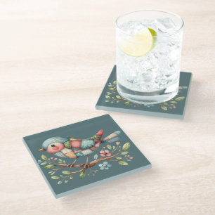 Patchwork Songbird on Blooming Branch Glass Coaster