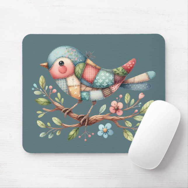 Patchwork Songbird on Blooming Branch Mouse Mat (With Mouse)