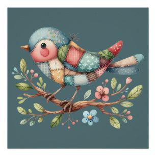 Patchwork Songbird on Blooming Branch Poster