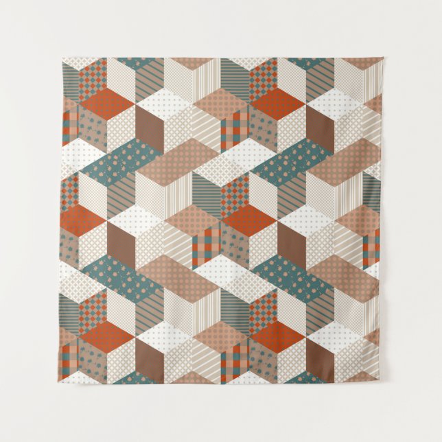 Patchwork Stars Vintage Brown Green Tapestry (Front)
