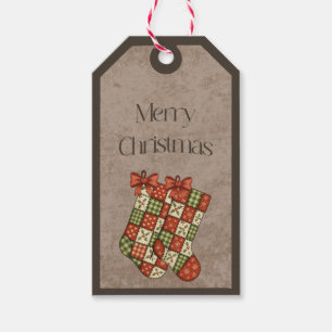 Patchwork Stockings in Christmas Colours Gift Tag