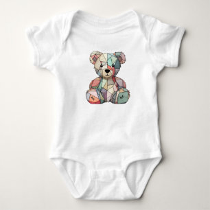 Patchwork Style Baby Bear & Heart Motif  Bodysuit