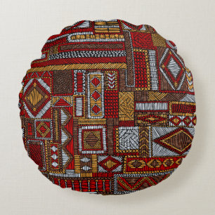 Patchwork Style Embroidered Ethnic Print Round Cushion