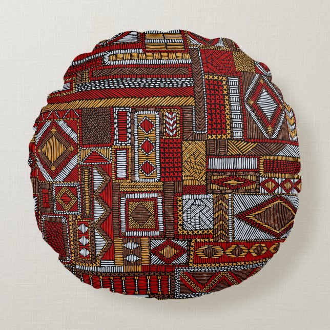 Patchwork Style Embroidered Ethnic Print Round Cushion (Front)