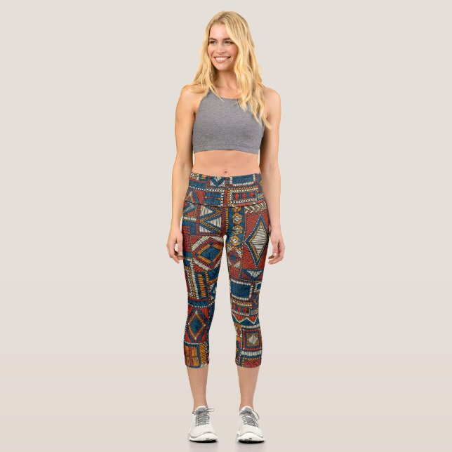 Patchwork Style Embroidered Vintage Print Capri Leggings (Front)
