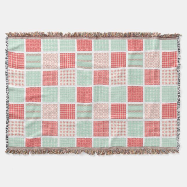 Patchwork Style Red and Blue Squares Pattern Throw Blanket (Front)