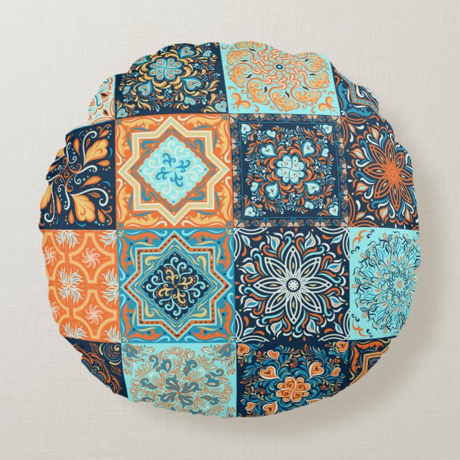 Patchwork Style. Seamless Pattern of 16 decorative Round Cushion (Front)