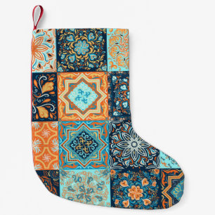 Patchwork Style. Seamless Pattern of 16 decorative Small Christmas Stocking