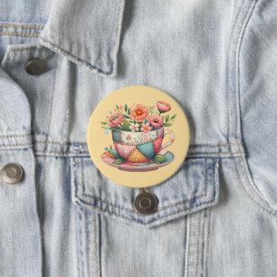 Patchwork Teacup with Whimsical Flowers 7.5 Cm Round Badge