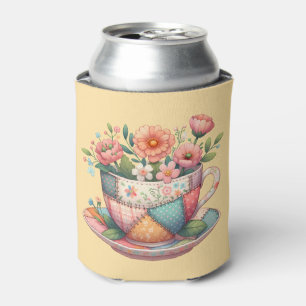 Patchwork Teacup with Whimsical Flowers Can Cooler