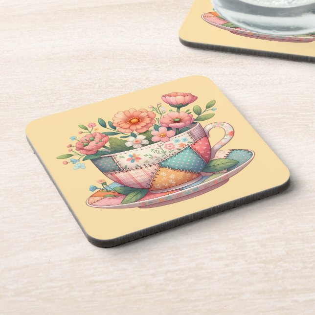 Patchwork Teacup with Whimsical Flowers Coaster (Left Side)