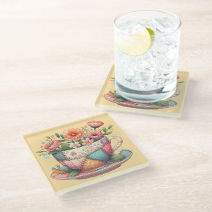 Patchwork Teacup with Whimsical Flowers Glass Coaster