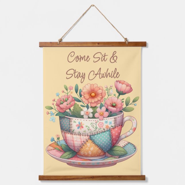 Patchwork Teacup with Whimsical Flowers Hanging Tapestry (Front)