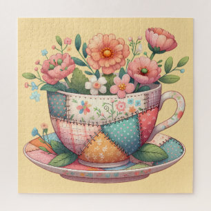 Patchwork Teacup with Whimsical Flowers Jigsaw Puzzle