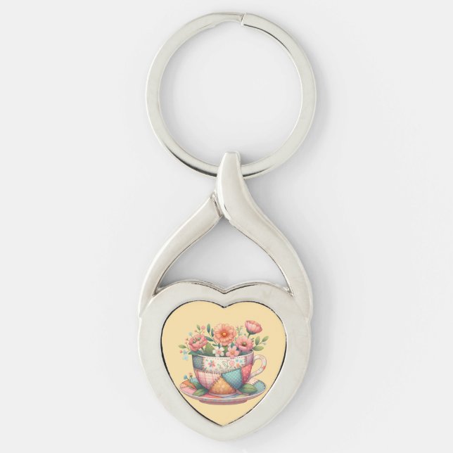 Patchwork Teacup with Whimsical Flowers Key Ring (Front)