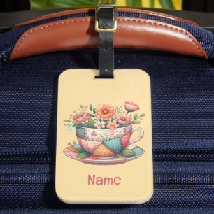 Patchwork Teacup with Whimsical Flowers Luggage Tag
