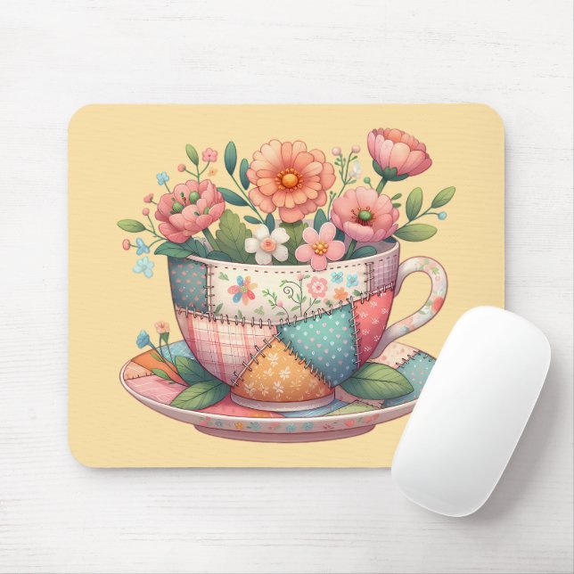 Patchwork Teacup with Whimsical Flowers Mouse Mat (With Mouse)