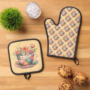 Patchwork Teacup with Whimsical Flowers Oven Mitt & Pot Holder Set