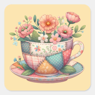 Patchwork Teacup with Whimsical Flowers Square Sticker