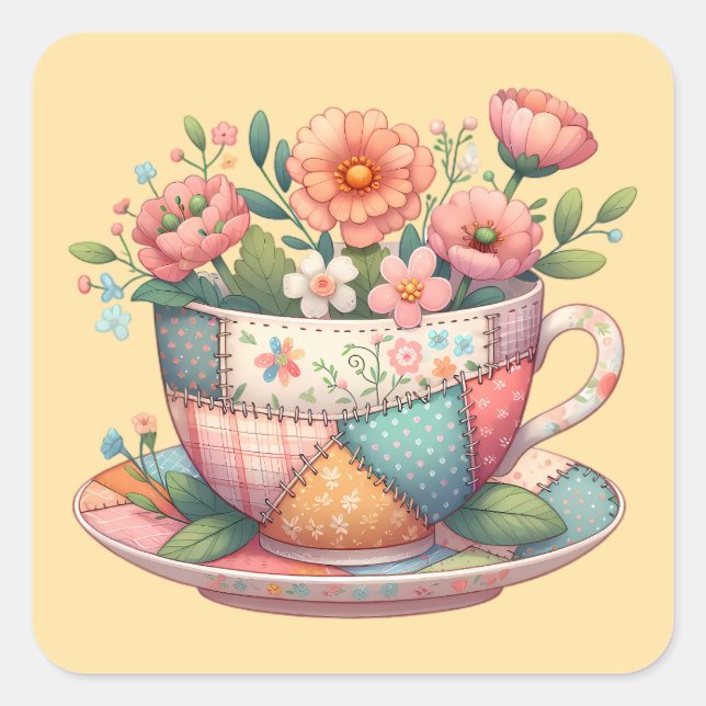 Patchwork Teacup with Whimsical Flowers Square Sticker (Front)