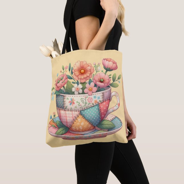 Patchwork Teacup with Whimsical Flowers Tote Bag (Close Up)