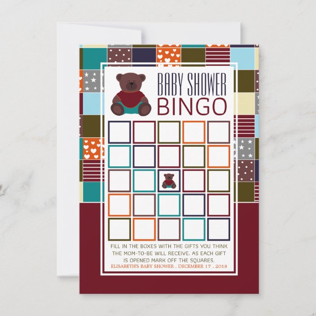 Patchwork Teddy Bear, Baby Shower Bingo (Front)