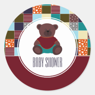 Patchwork Teddy Bear, Baby Shower Classic Round Sticker