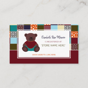 Patchwork Teddy Bear, Baby Shower Gift Registry Enclosure Card