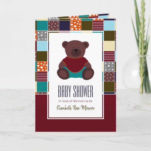 Patchwork Teddy Bear, Baby Shower Invitation (Front)