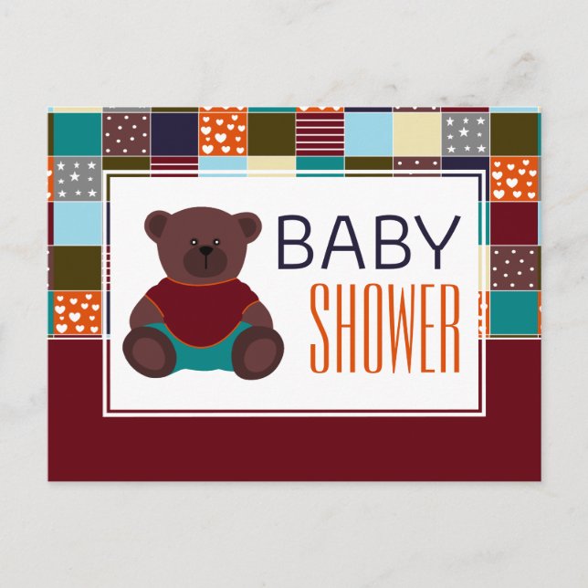 Patchwork Teddy Bear, Baby Shower Invitation Postcard (Front)